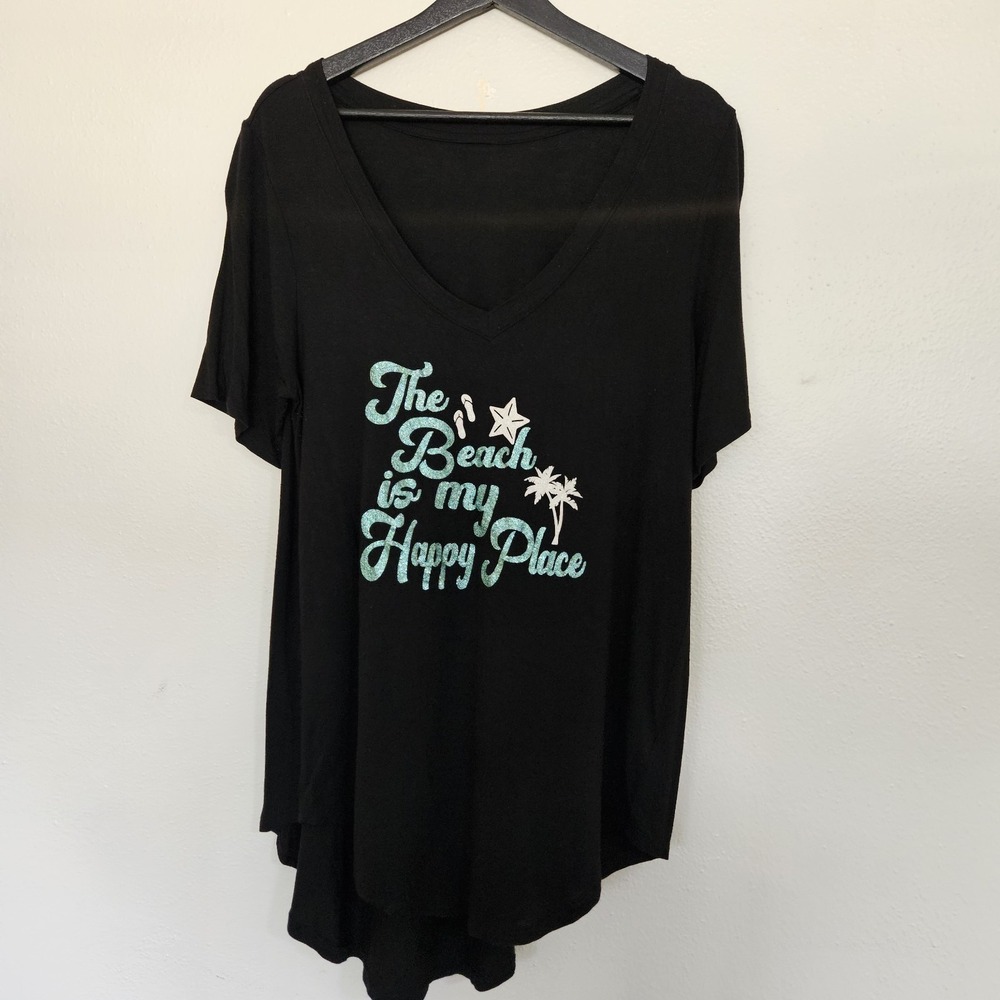 The Beach Is My Happy Place Graphic T-Shirt Teal Glitter High Low Top V-Neck L